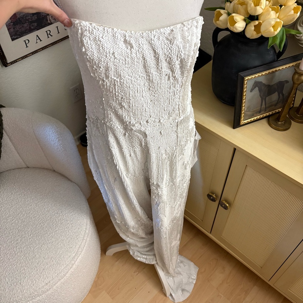 DRESS THE POPULATION Andy Sequin Strapless Jumpsuit Wide Leg Size Large NWT - Picture 3 of 13